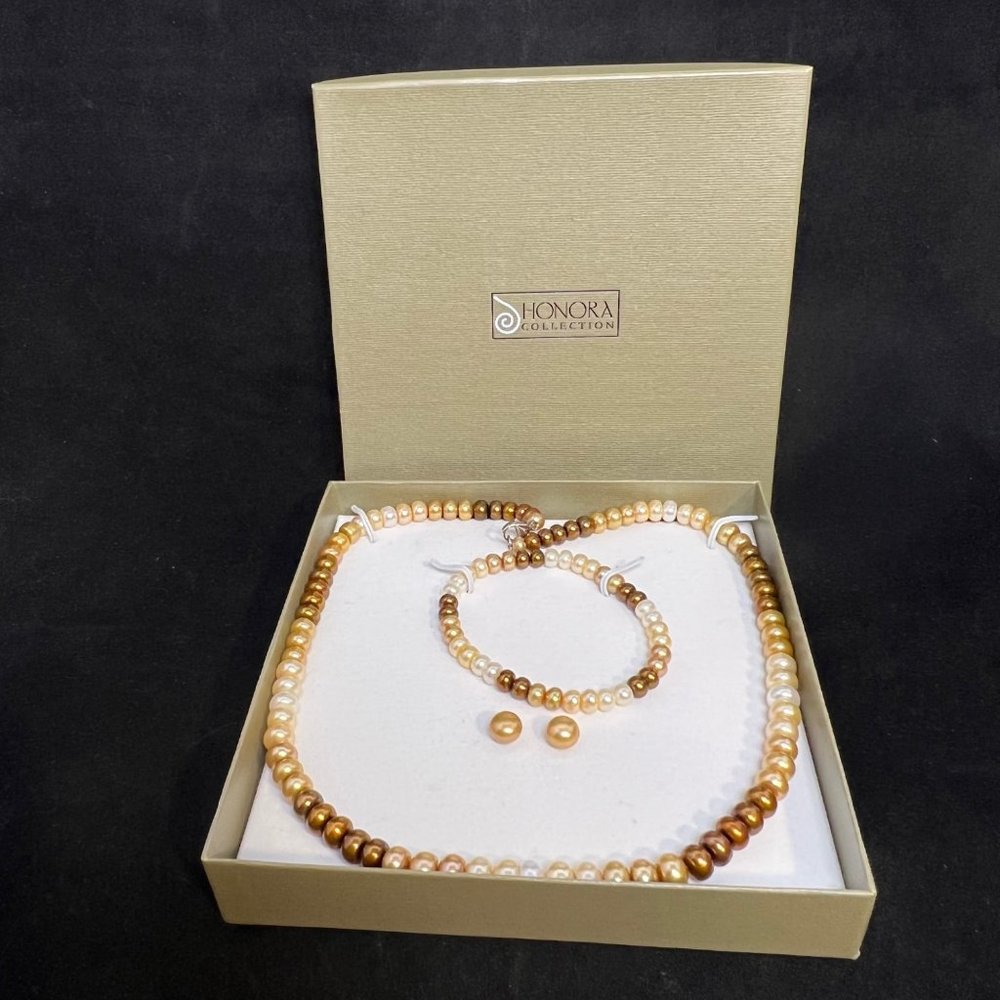 Honora Sterling Earth Tone Pearl Necklace Pierced Earrings & Bracelet Set (2933)